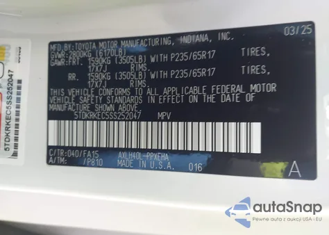 2025 Toyota Sienna Le из США, поврежденный, VIN 5TDKRKEC5SS252047